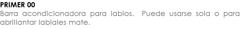 PRIMER 00 Barra acondicionadora para labios. Puede usarse sola o para abrillantar labiales mate.